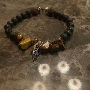 Tigers eye w/ lava beads and feather pendant